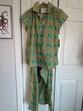 The Cats pajamas cotton voile Printed Short-Sleeve capri pants set -green print